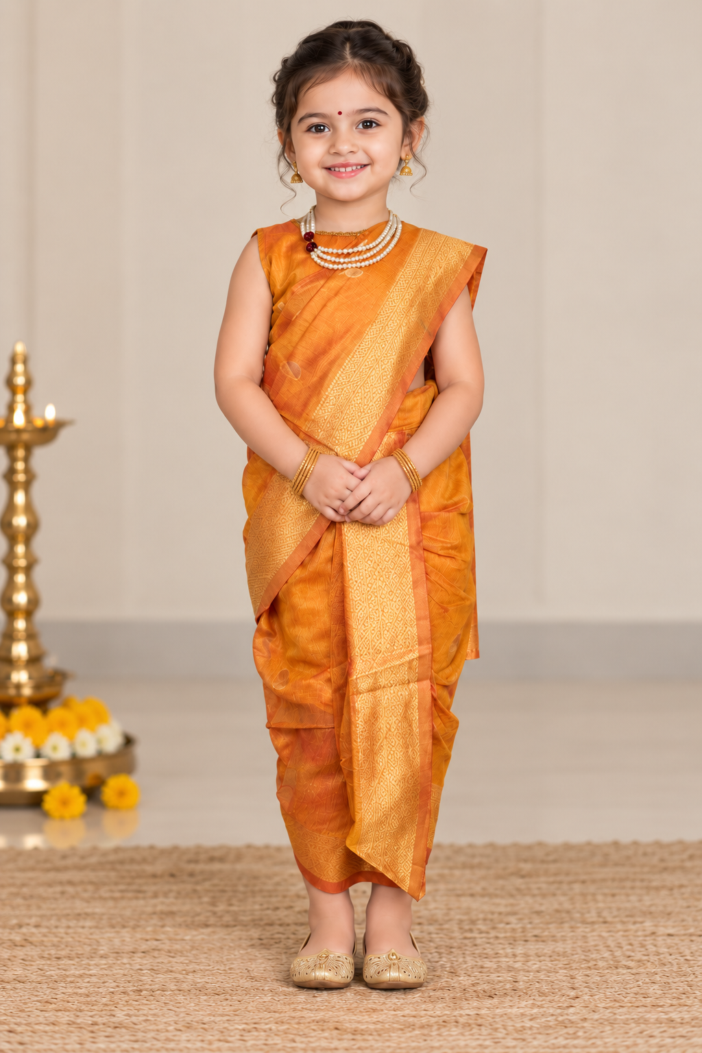 Golden-Orange Pre-Stitched Nauvari Saree — Fits 3 to 4 Years