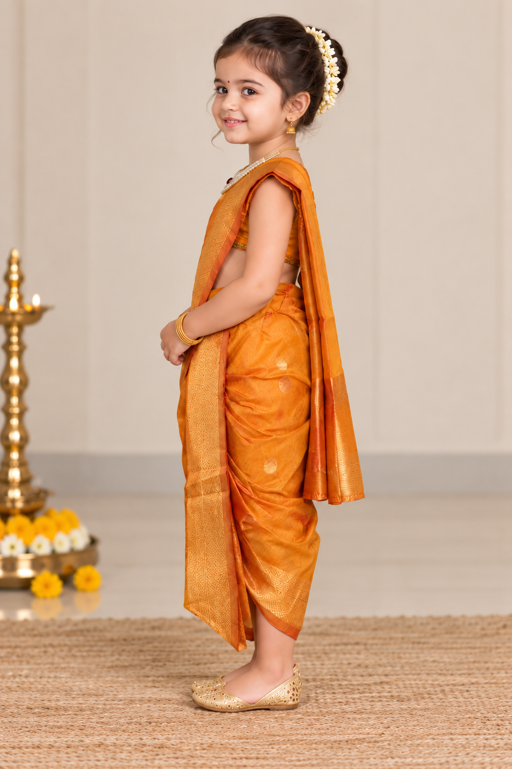 Golden-Orange Pre-Stitched Nauvari Saree — Fits 3 to 4 Years