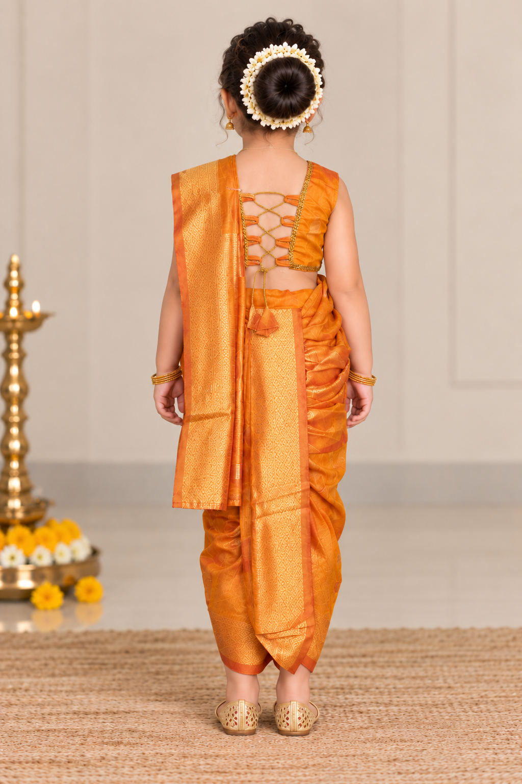 Golden-Orange Pre-Stitched Nauvari Saree — Fits 3 to 4 Years