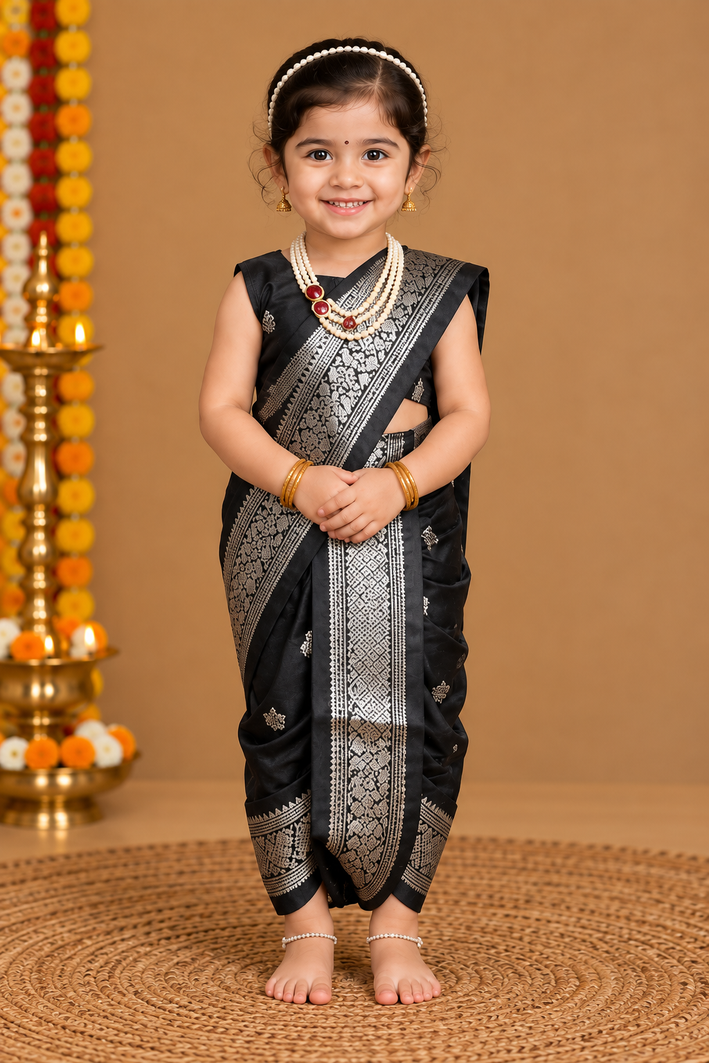 Black & Silver Zari Border Nauvari Saree — Fits 2 to 3 Years