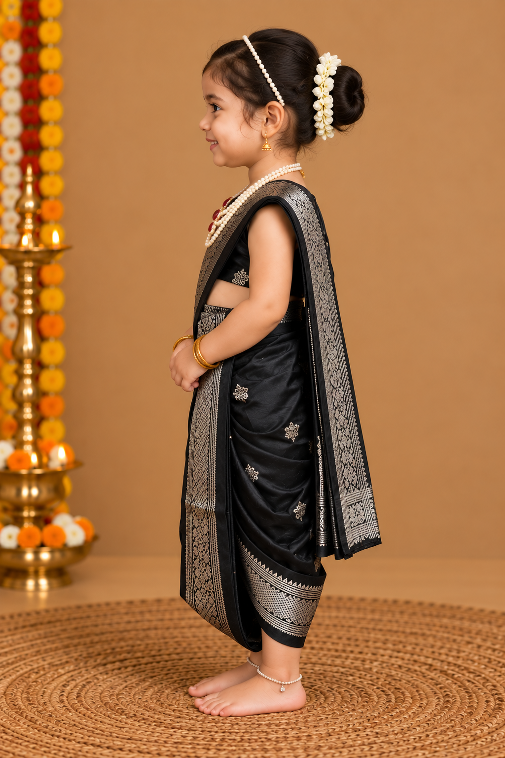 Black & Silver Zari Border Nauvari Saree — Fits 2 to 3 Years