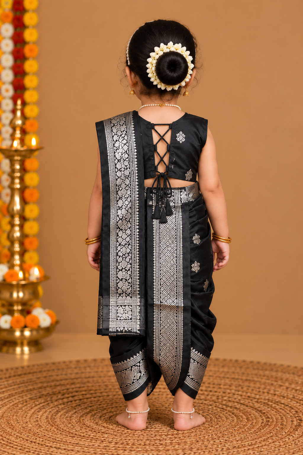 Black & Silver Zari Border Nauvari Saree — Fits 2 to 3 Years