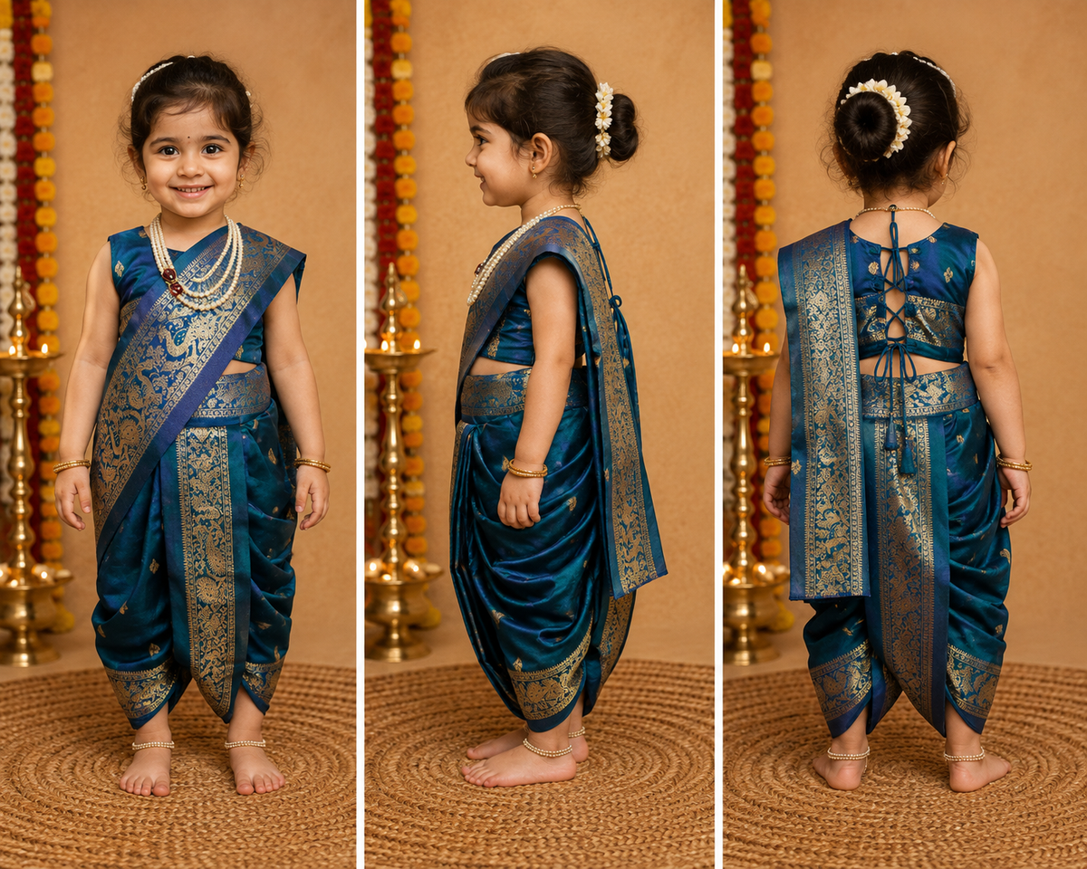 Teal & Royal Blue Peacock Border Nauvari Saree