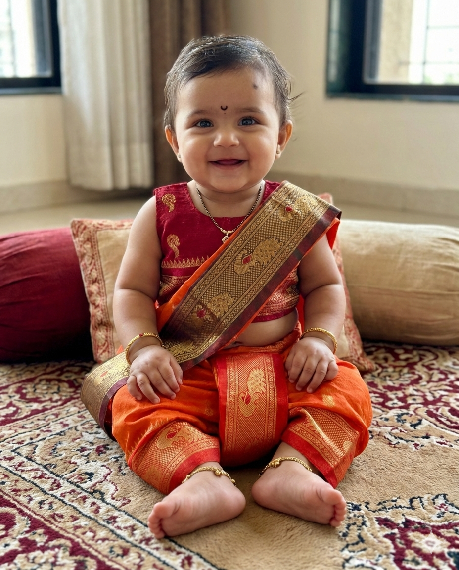 The Rajlakshmi | Saffron Orange Navvari with Maroon Contrast Blouse & Golden Zari