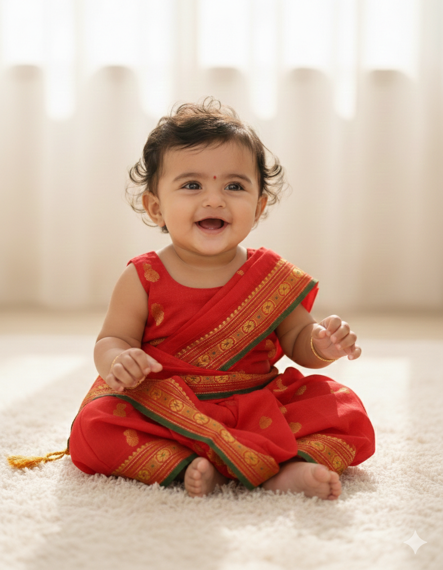 The Kasturi | Classic Red Stitched Navvari with Red Blouse & Gold Zari