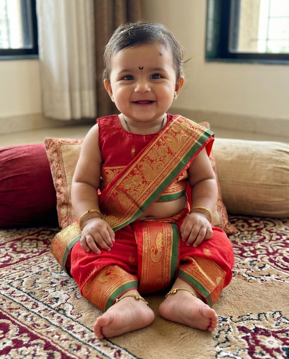 The Shivani | Classic Red Stitched Navvari with Emerald Green & Gold Zari Border