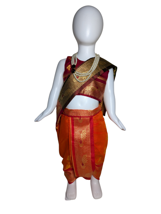 Maroon & Orange Pre-Stitched Nauvari Saree