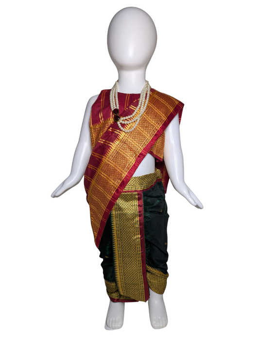 Red & Bottle-Green Pre-Stitched Nauvari Saree