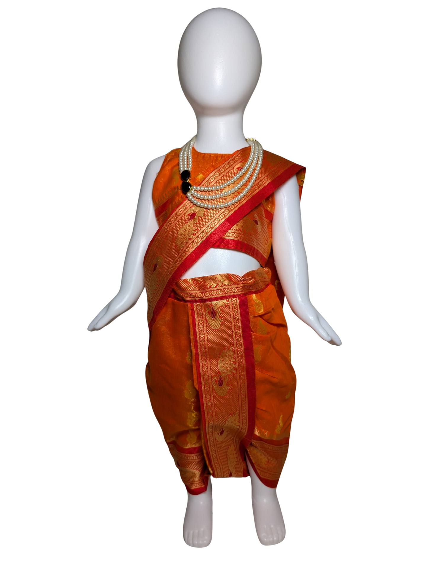 Marigold Orange Nauvari Saree – Pre-Stitched, Peacock Motif