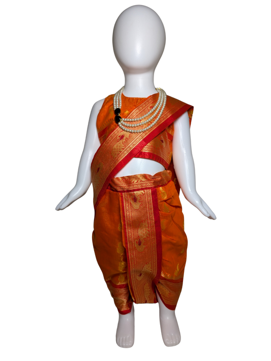 Marigold Orange Nauvari Saree – Pre-Stitched, Peacock Motif