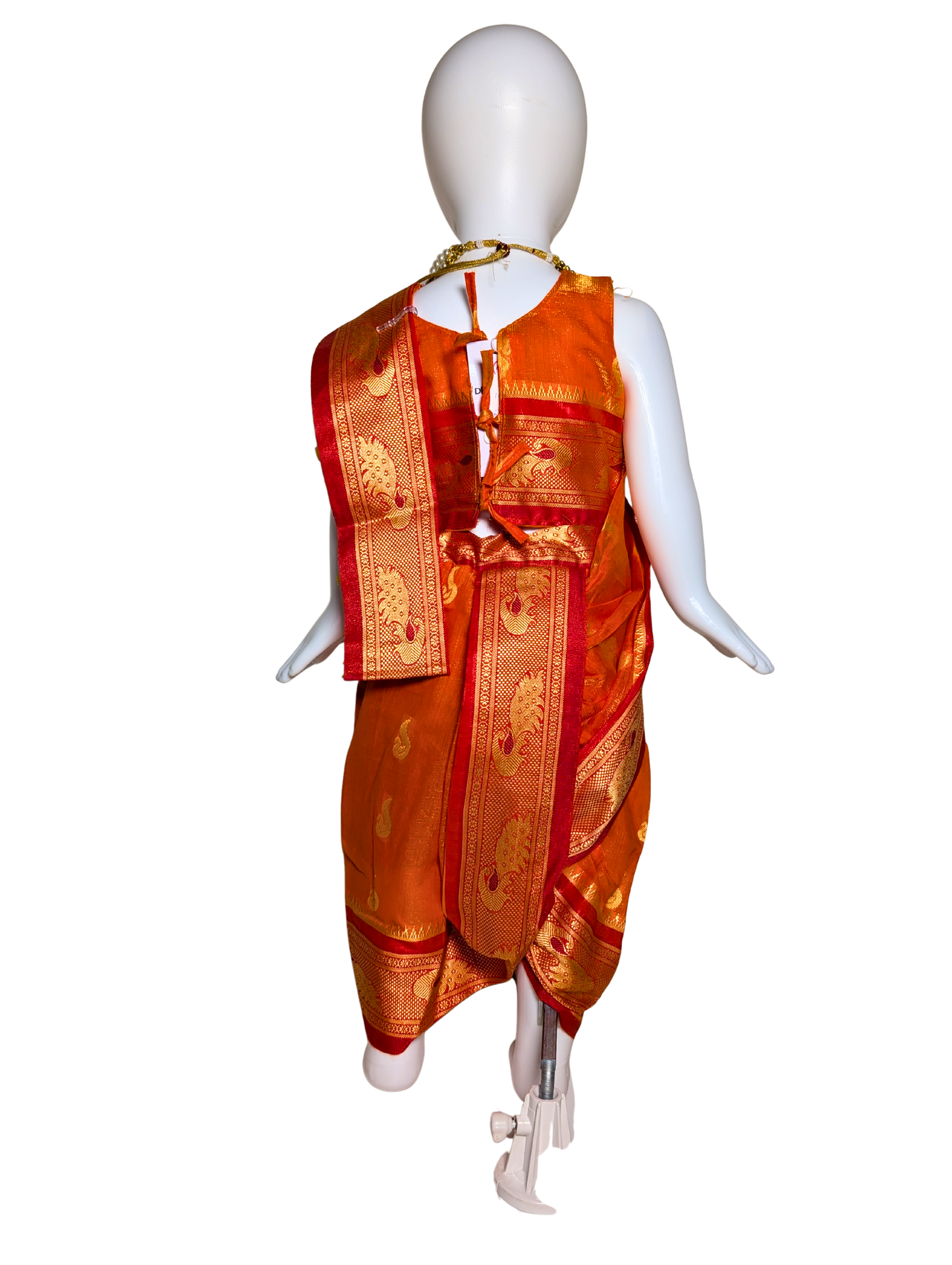 Marigold Orange Nauvari Saree – Pre-Stitched, Peacock Motif