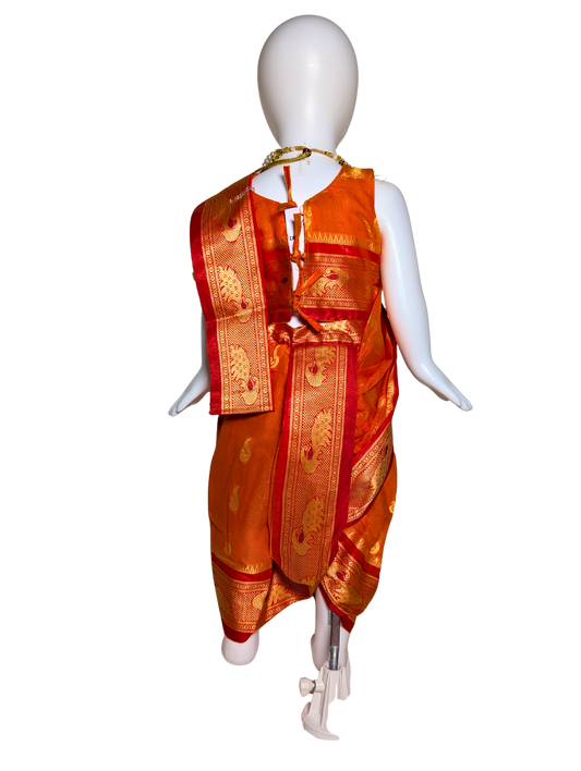 Marigold Orange Nauvari Saree – Pre-Stitched, Peacock Motif