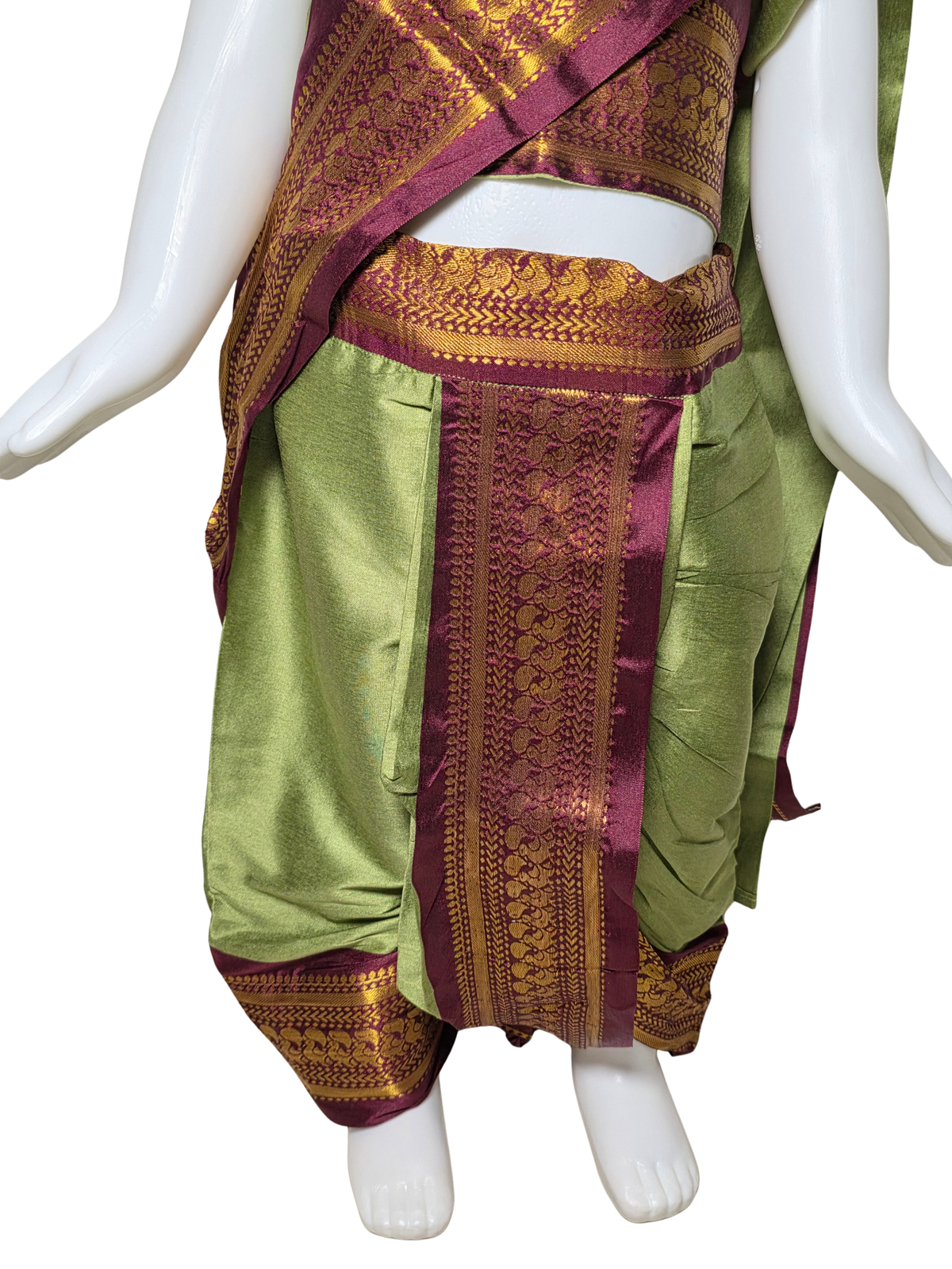 Olive Green & Maroon Zari Border Nauvari Saree