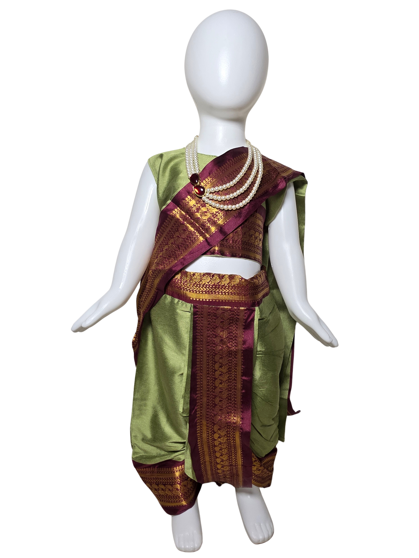 Olive Green & Maroon Zari Border Nauvari Saree