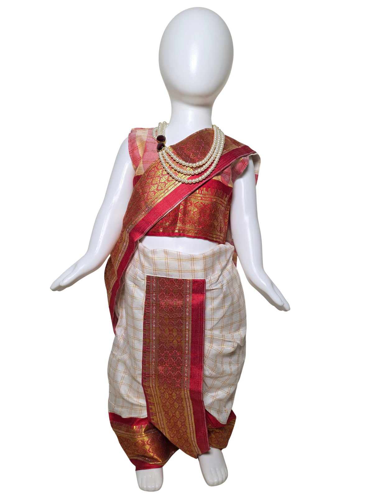 Ivory Check & Red Zari Border Nauvari Saree