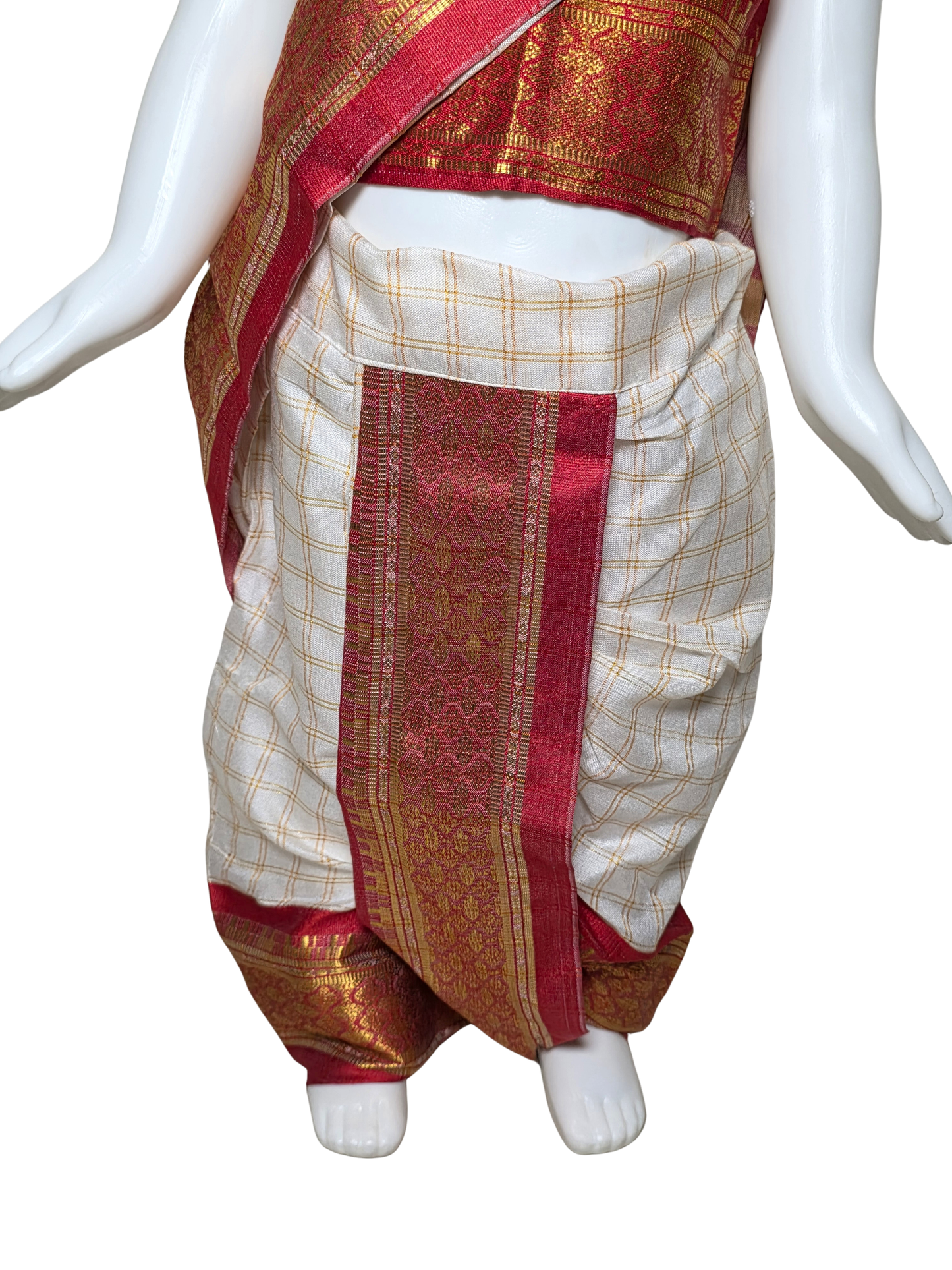 Ivory Check & Red Zari Border Nauvari Saree