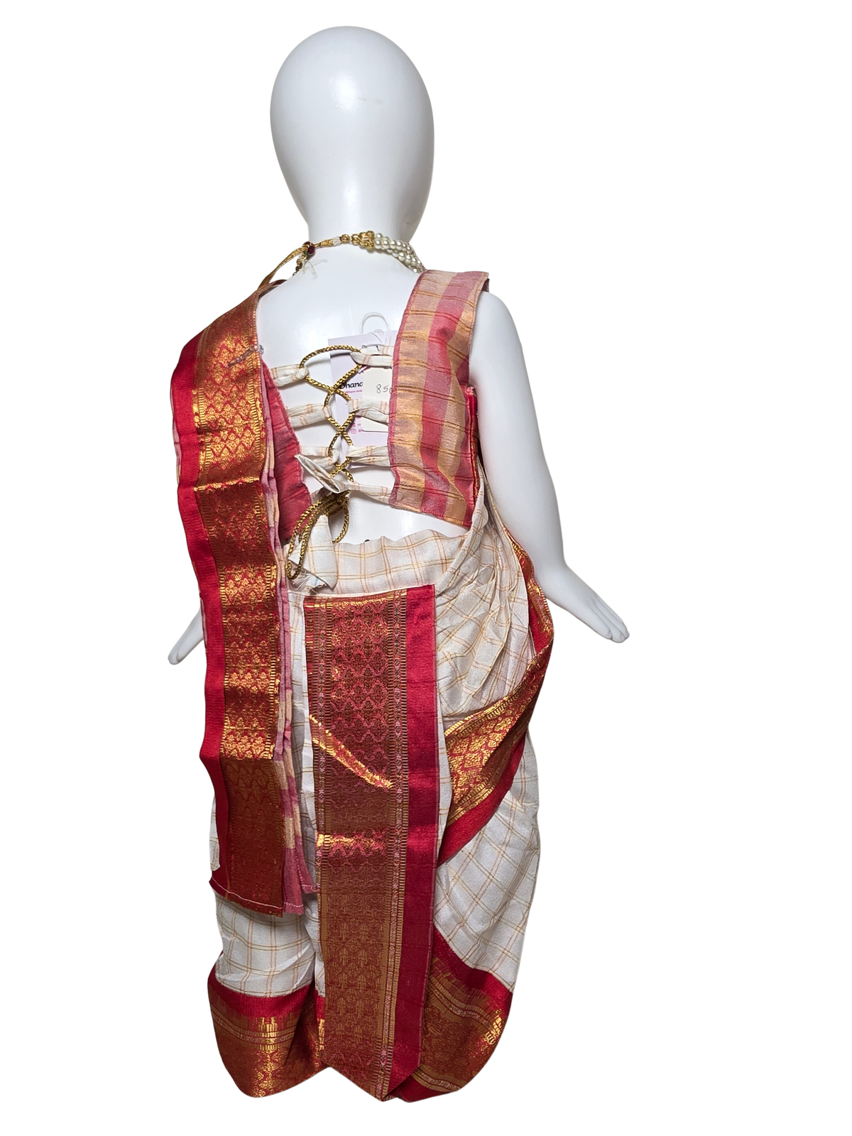 Ivory Check & Red Zari Border Nauvari Saree