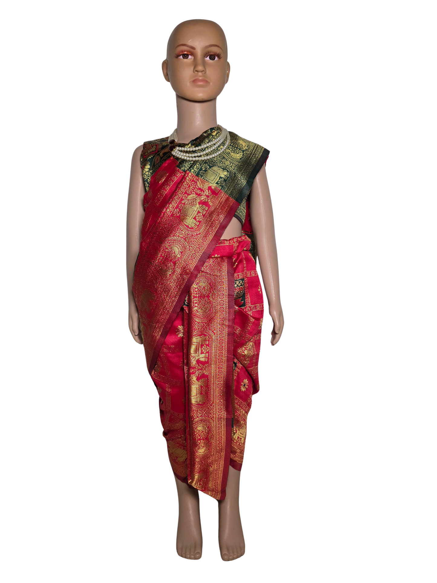 Crimson Red Pre-Stitched Nauvari Saree — Fits 3 to 4 Years
