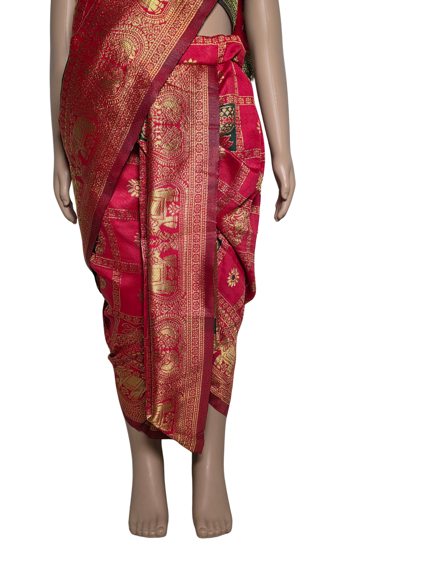 Crimson Red Pre-Stitched Nauvari Saree — Fits 3 to 4 Years