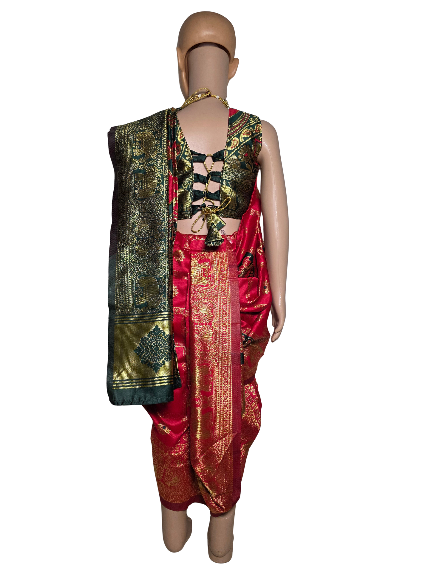 Crimson Red Pre-Stitched Nauvari Saree — Fits 3 to 4 Years