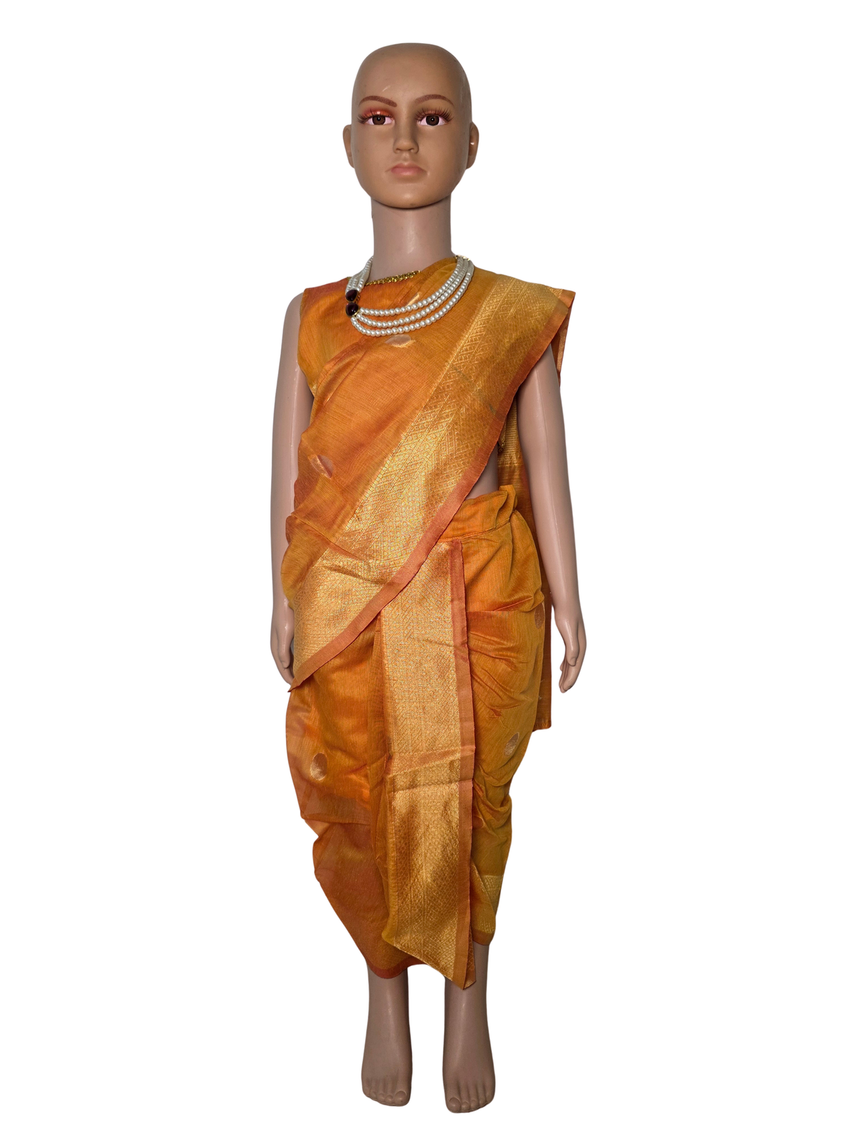 Golden-Orange Pre-Stitched Nauvari Saree — Fits 3 to 4 Years