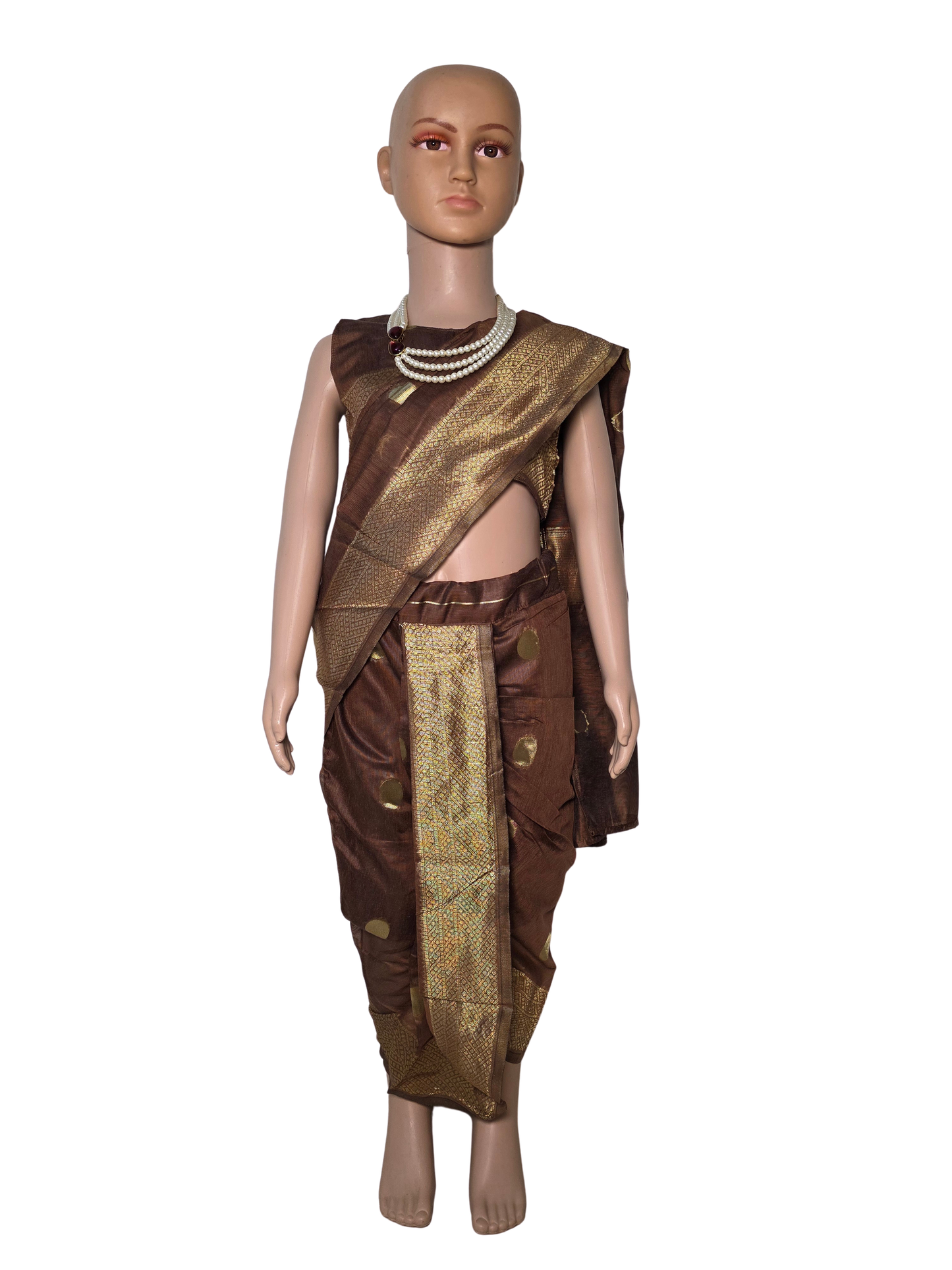 Coffee-Brown Pre-Stitched Nauvari Saree — Fits 3 to 4 Years