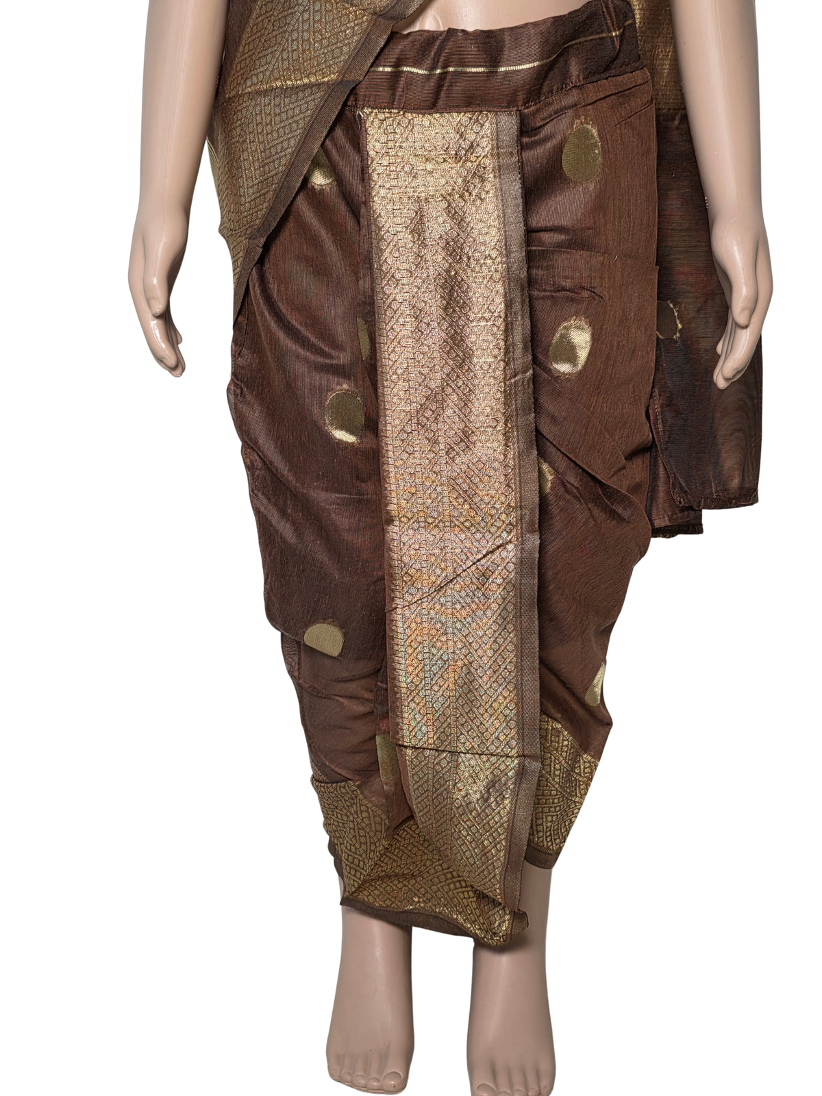 Coffee-Brown Pre-Stitched Nauvari Saree — Fits 3 to 4 Years