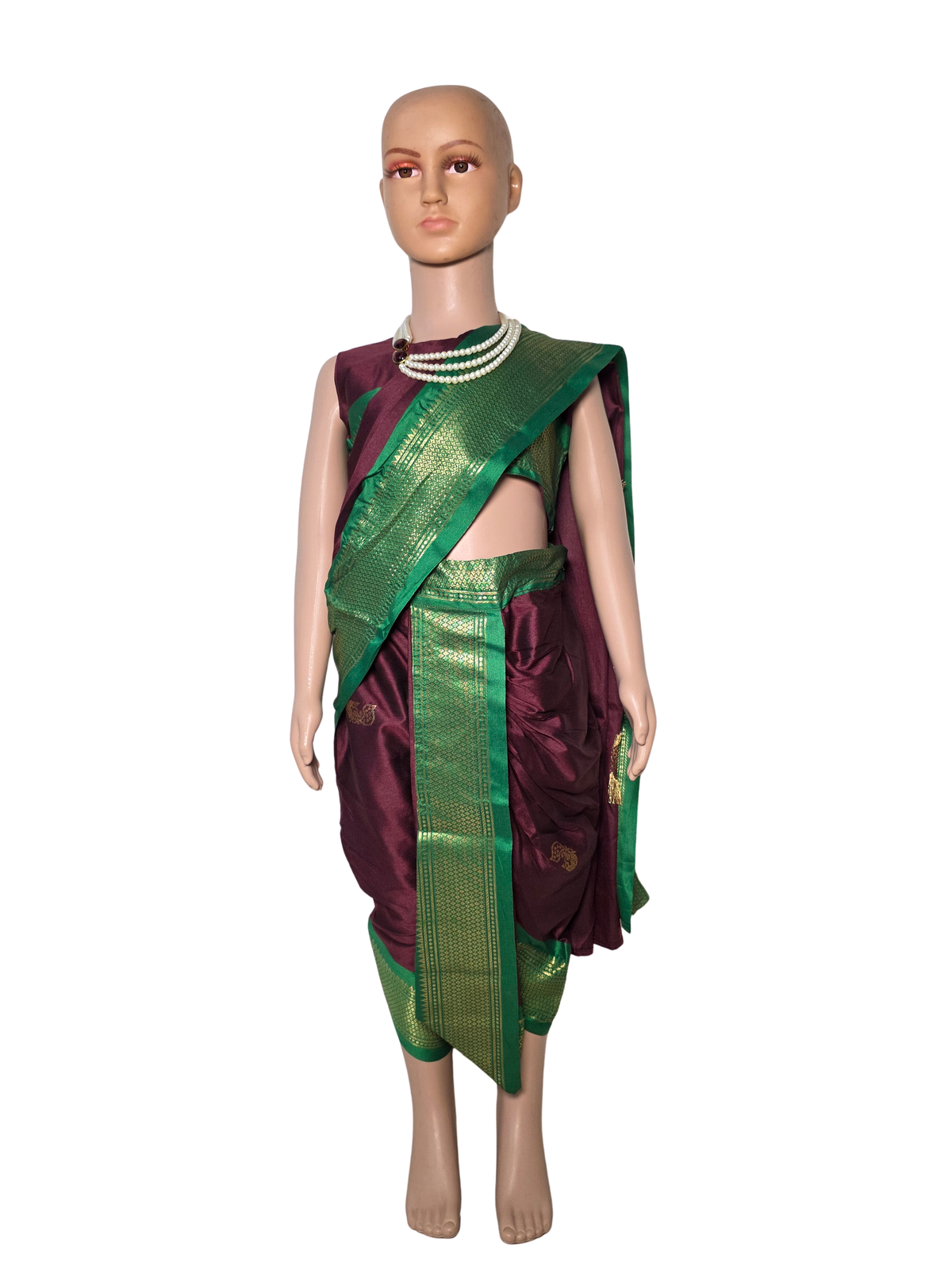 Maroon-Green Pre-Stitched Nauvari Saree — Fits 3 to 4 Years