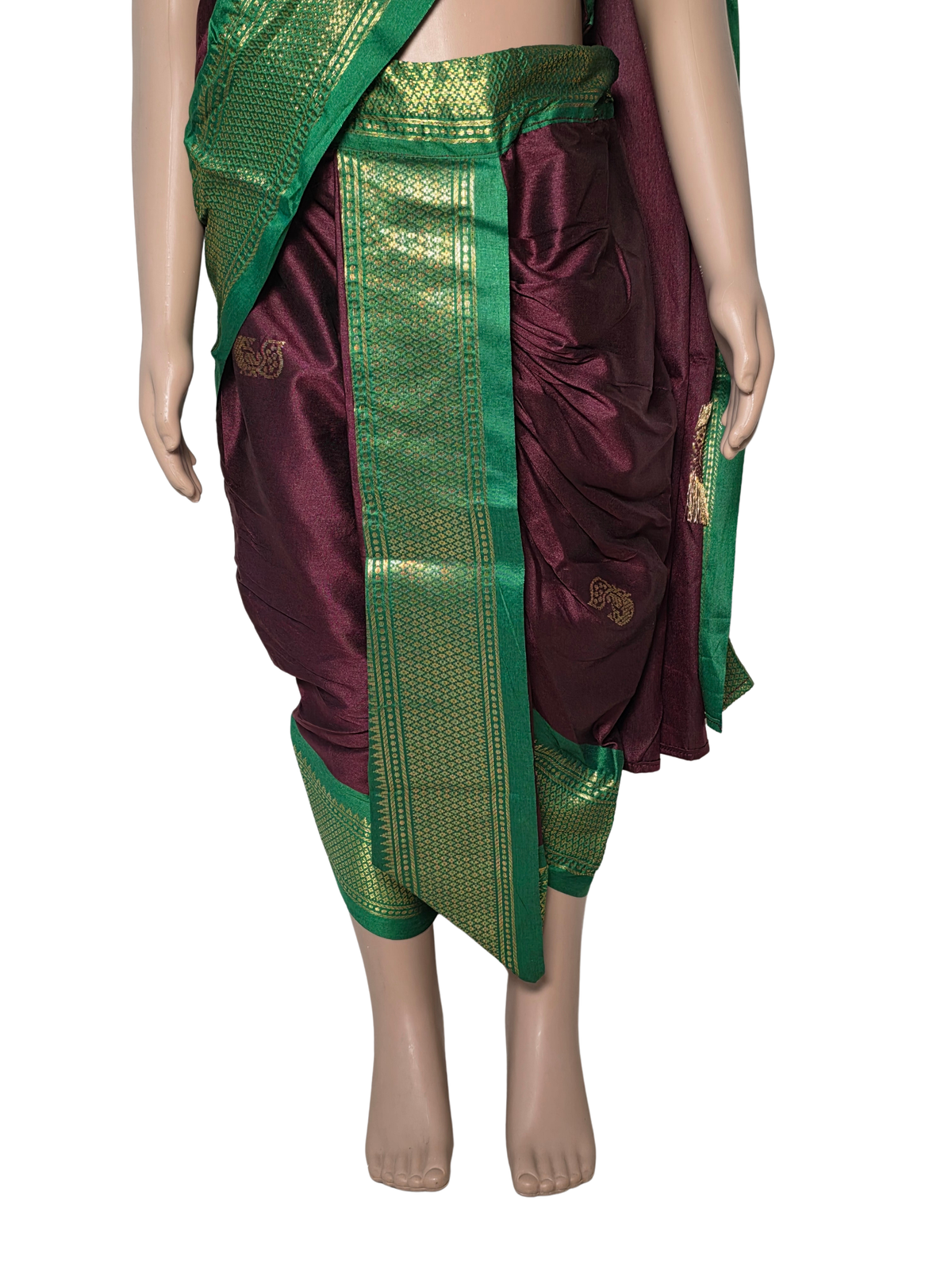 Maroon-Green Pre-Stitched Nauvari Saree — Fits 3 to 4 Years