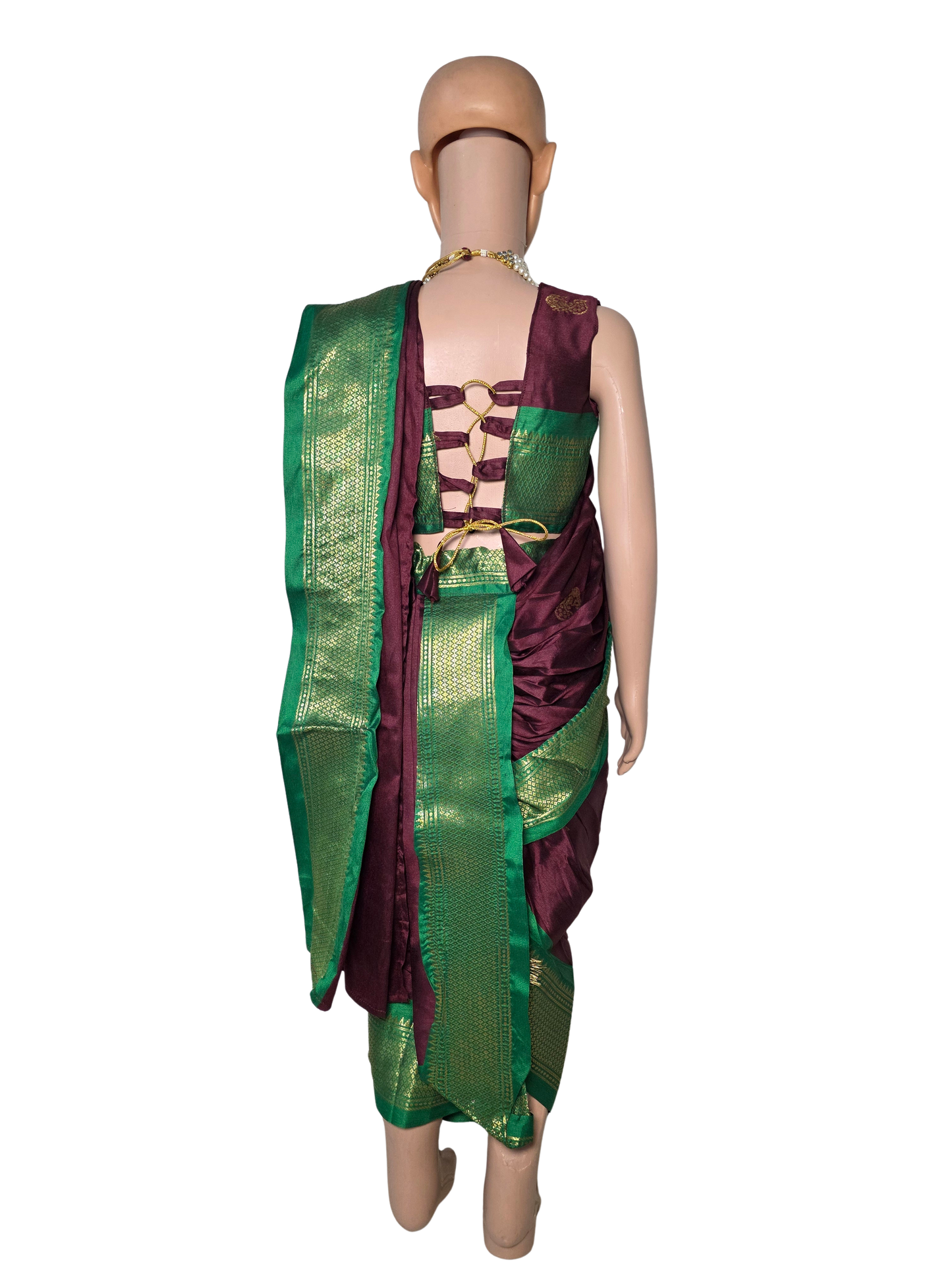 Maroon-Green Pre-Stitched Nauvari Saree — Fits 3 to 4 Years