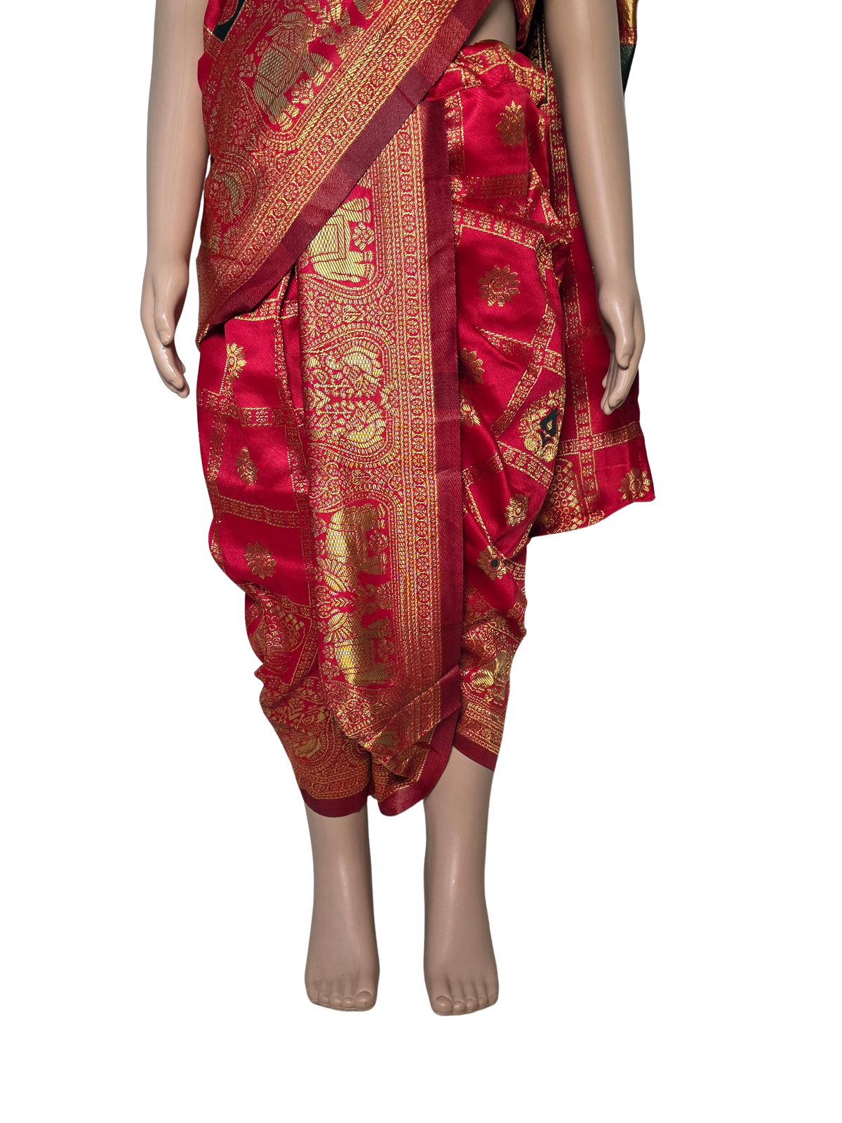 Ruby Red Elephant-Motif Pre-Stitched Nauvari Saree — Fits 3 to 4 Years