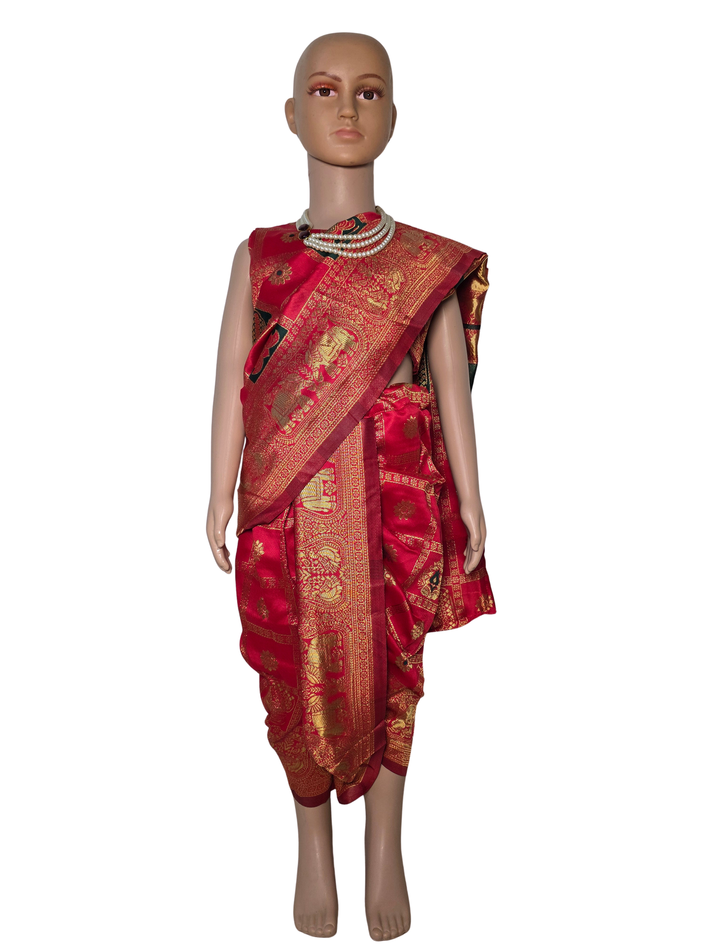 Ruby Red Elephant-Motif Pre-Stitched Nauvari Saree — Fits 3 to 4 Years