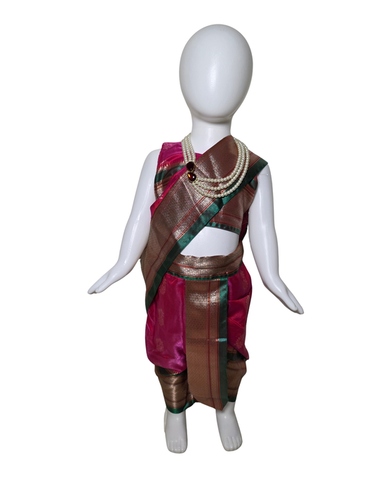 Rani Pink & Green Copper-Zari Pre-Stitched Nauvari Saree
