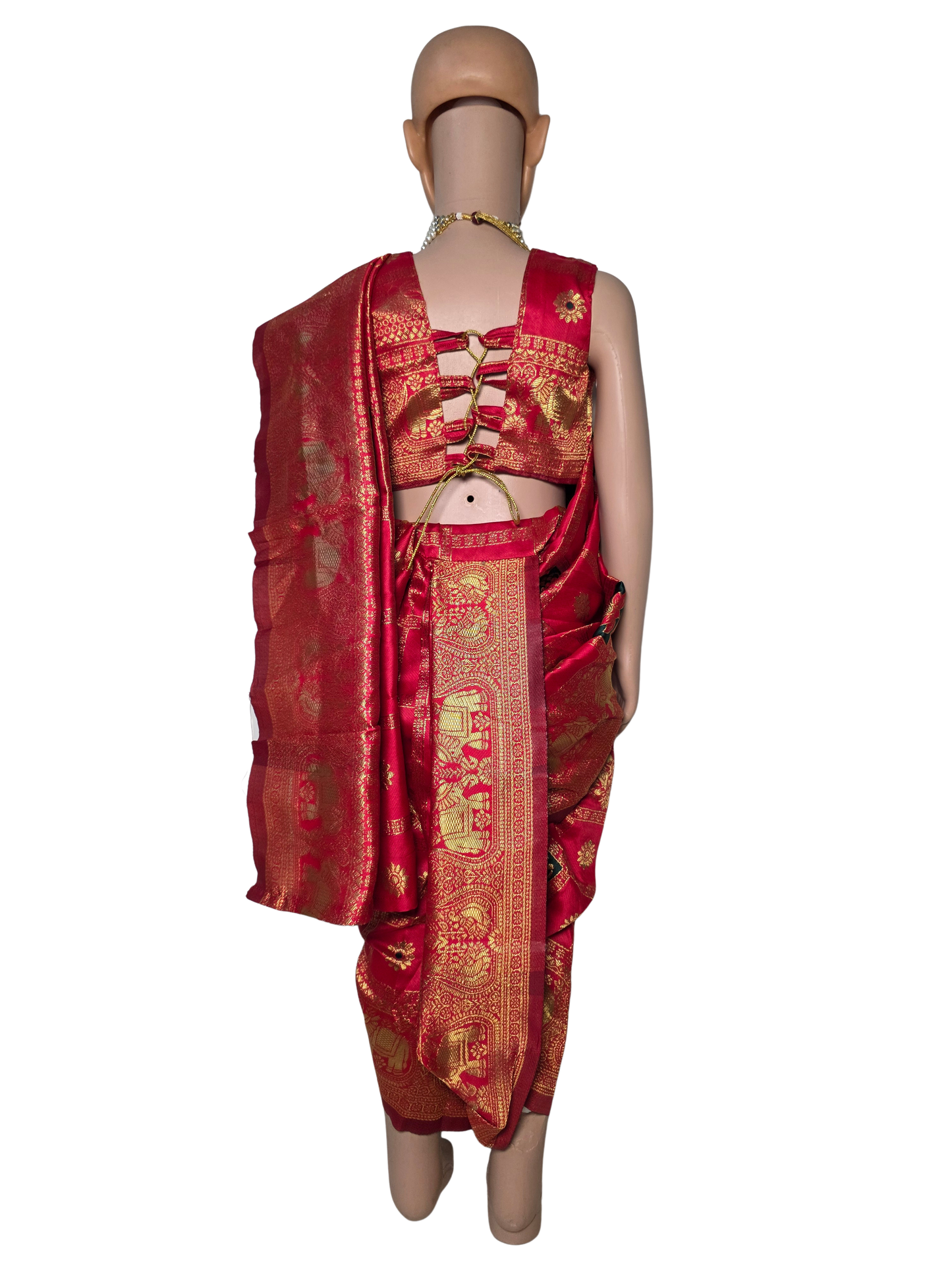 Ruby Red Elephant-Motif Pre-Stitched Nauvari Saree — Fits 3 to 4 Years