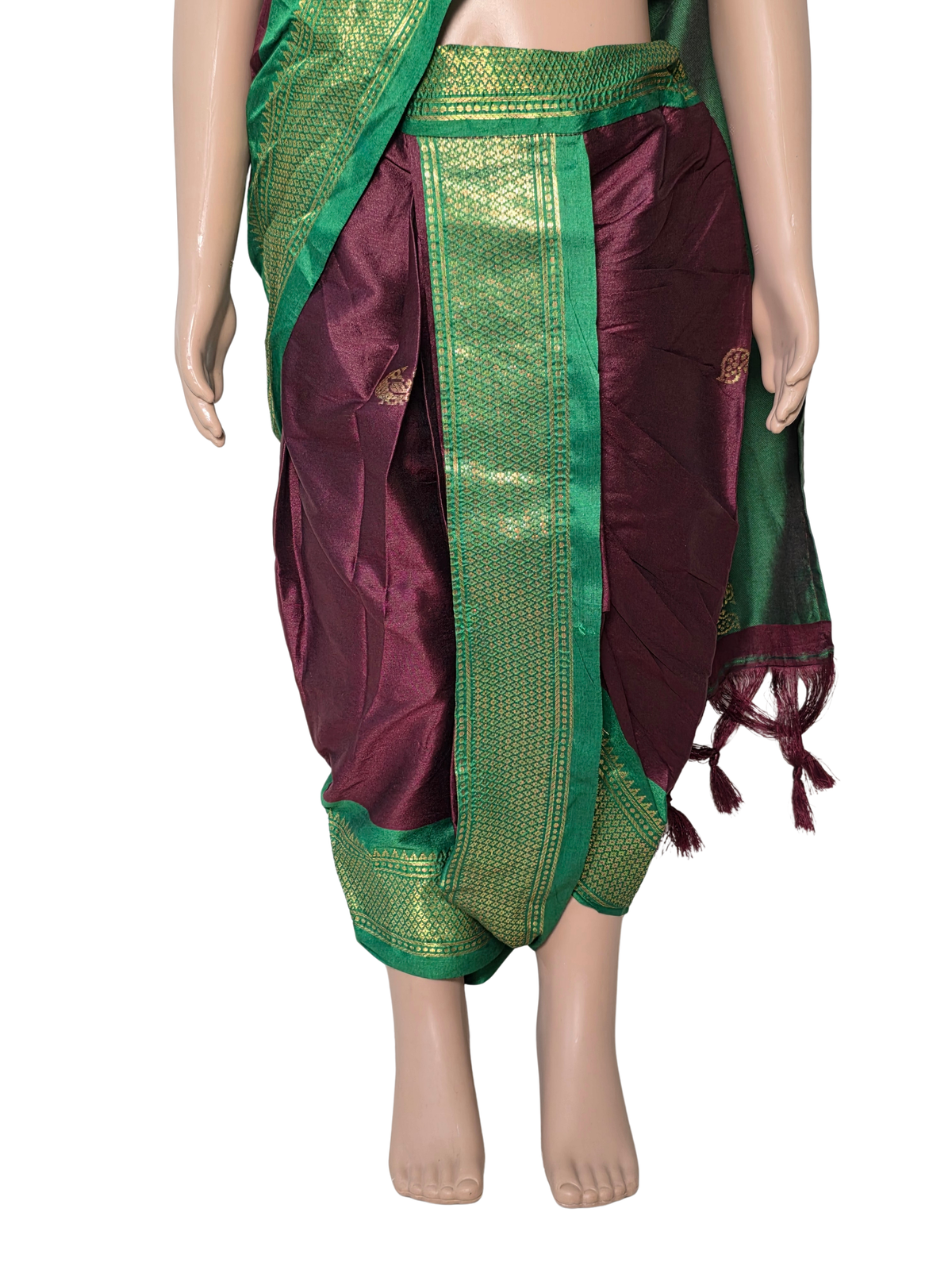 Emerald Green & Wine Pre-Stitched Nauvari Saree — Fits 3 to 4 Years