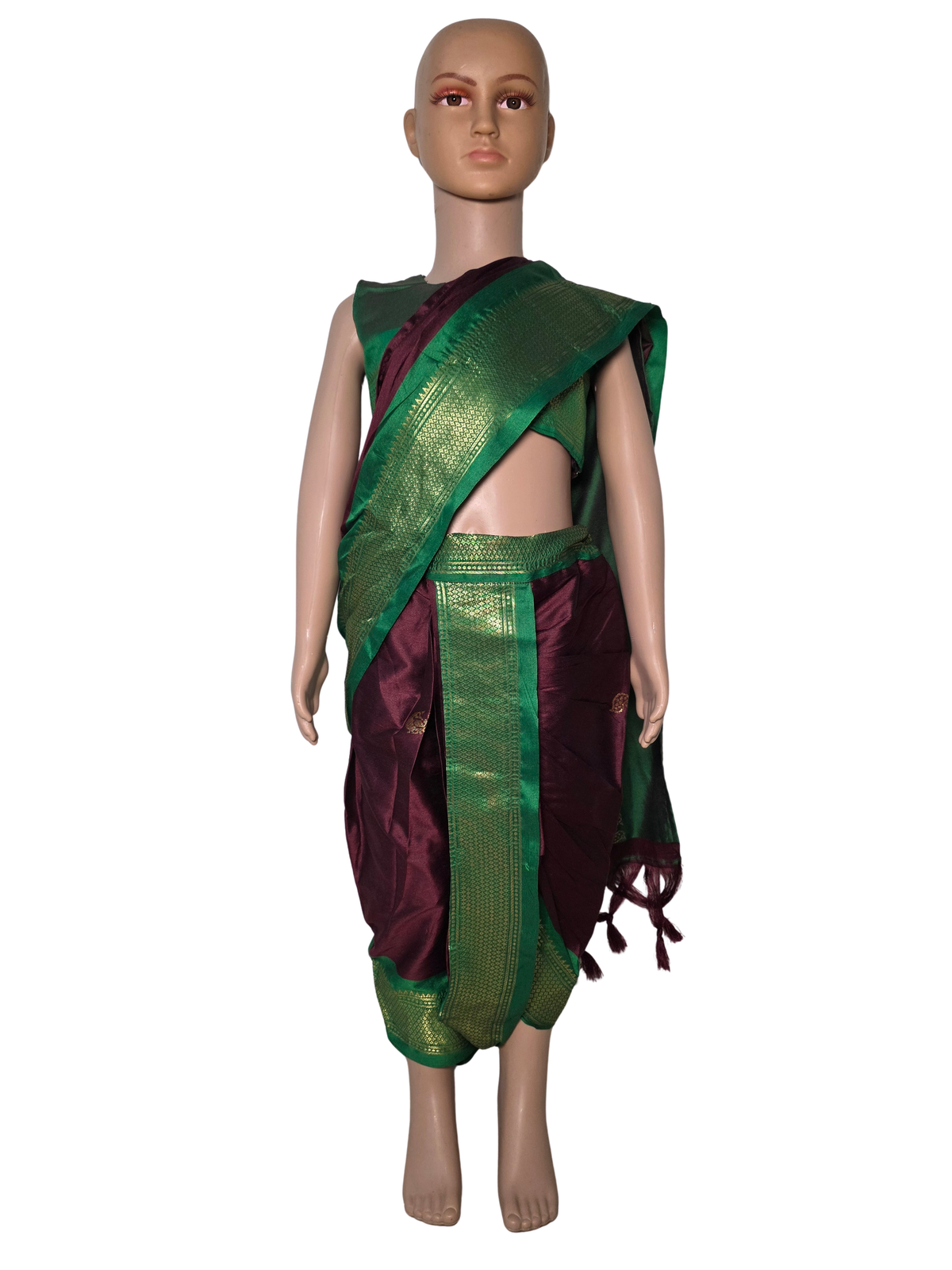 Emerald Green & Wine Pre-Stitched Nauvari Saree — Fits 3 to 4 Years