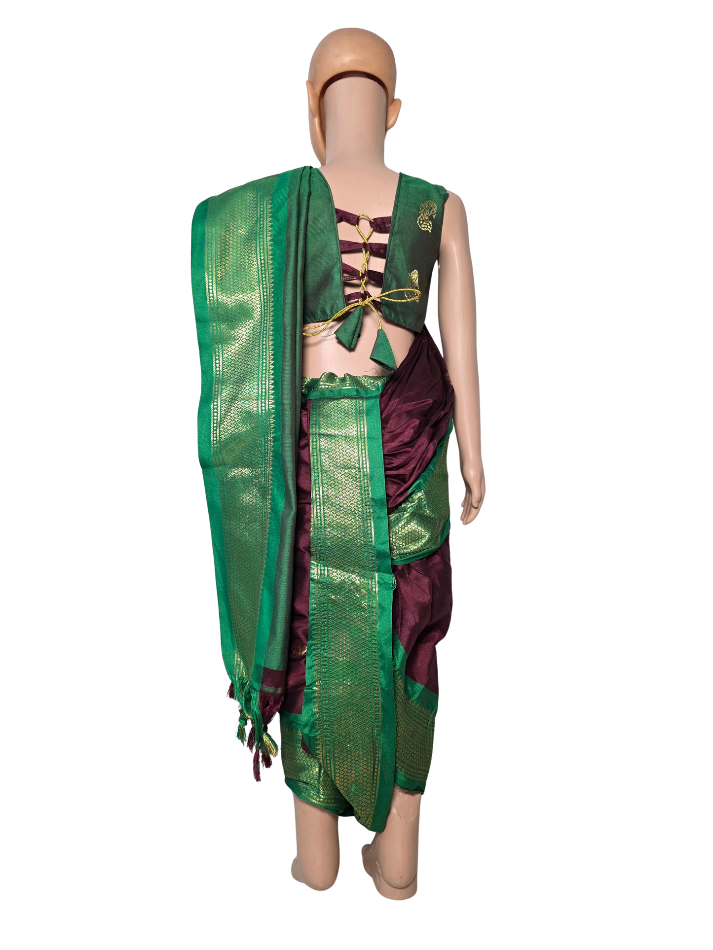 Emerald Green & Wine Pre-Stitched Nauvari Saree — Fits 3 to 4 Years