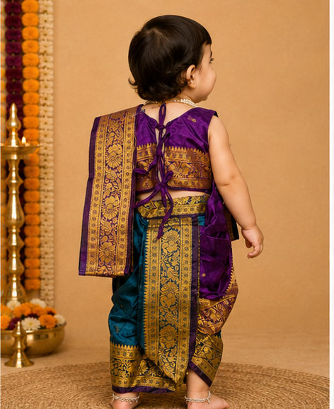 Purple & Teal Pre-Stitched Nauvari Saree — Fits 6 Months to 1.5 Years