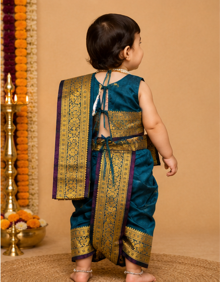 Teal & Purple Pre-Stitched Nauvari Saree — Fits 6 Months to 1.5 Years