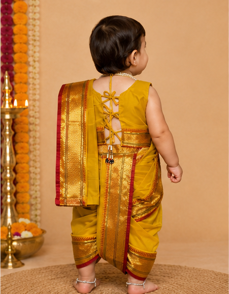Yellow Pre-Stitched Nauvari Saree — Fits 6 Months to 1.5 Years