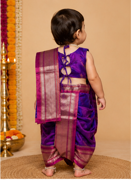 Violet Pre-Stitched Nauvari Saree — Fits 6 Months to 1.5 Years
