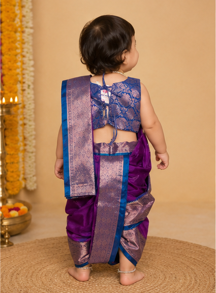 Royal Purple-Teal Pre-Stitched Nauvari Saree — Fits 6 Months to 1.5 Years