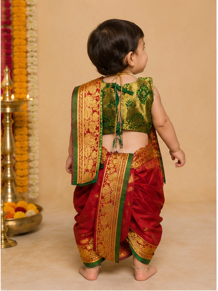 Red & Green Pre-Stitched Nauvari Saree — Fits 6 Months to 1.5 Years