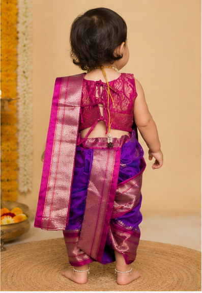 Pink-Purple Pre-Stitched Nauvari Saree — Fits 6 Months to 1.5 Years