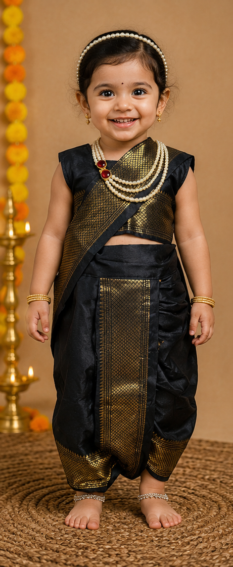 Black & Gold Zari Border Nauvari Saree — Fits 2 to 3 Years