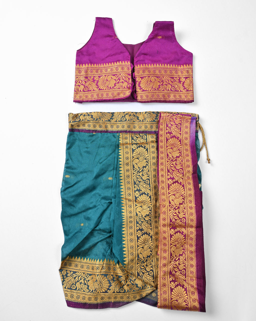 The Ahilya | Peacock Teal Navvari with Royal Purple Blouse & Gold Zari