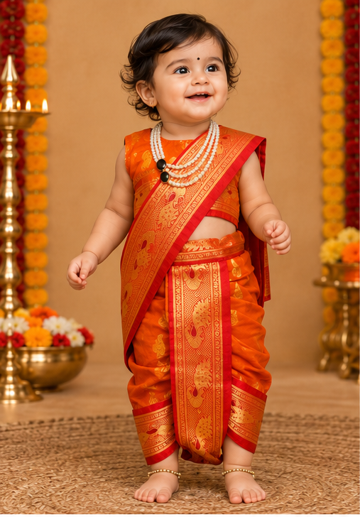 Marigold Orange Pre-Stitched Nauvari Saree, Peacock Motif — Fits 6 Months to 1.5 Years