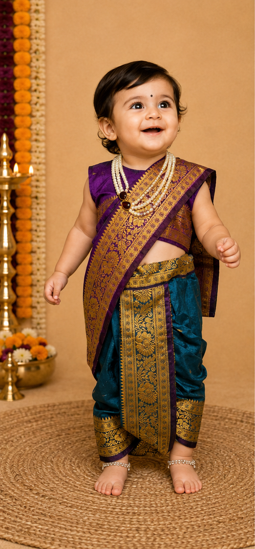 Purple & Teal Pre-Stitched Nauvari Saree — Fits 6 Months to 1.5 Years