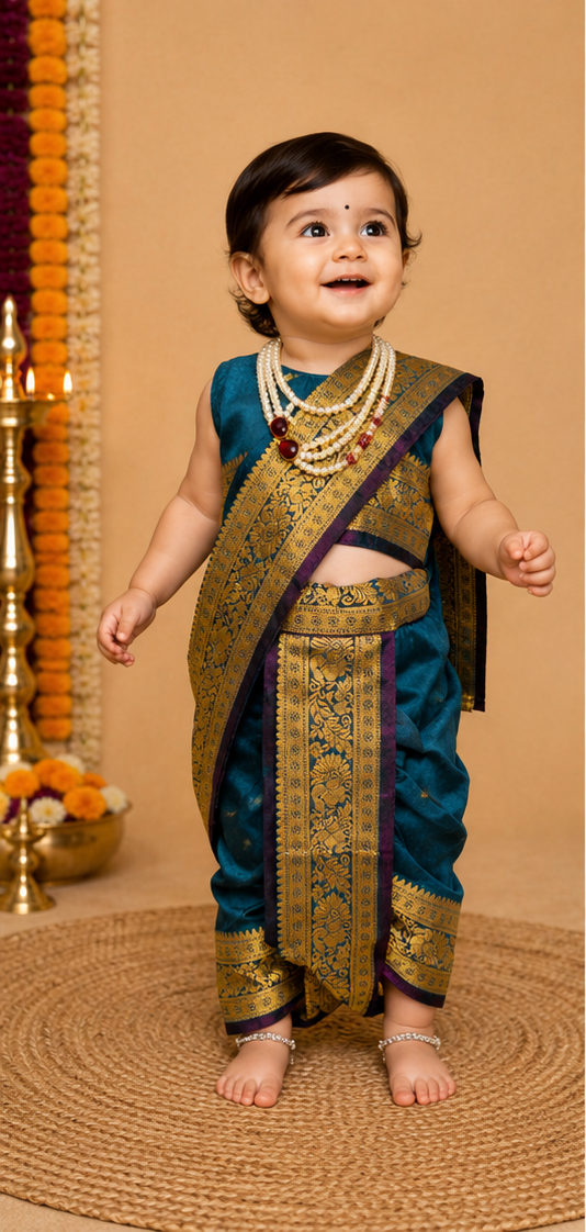 Teal & Purple Pre-Stitched Nauvari Saree — Fits 6 Months to 1.5 Years