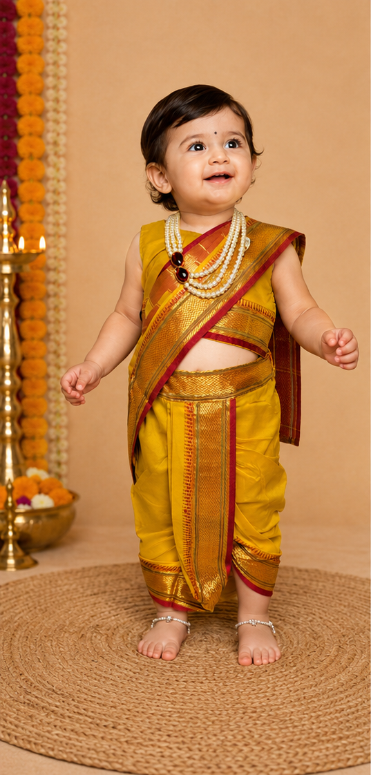 Yellow Pre-Stitched Nauvari Saree — Fits 6 Months to 1.5 Years
